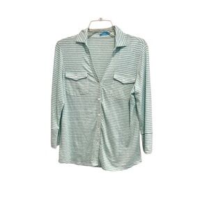 J. McLaughlin Brynn Linen Knit Top Blue Striped Button Shirt Size M 3/4 Sleeve